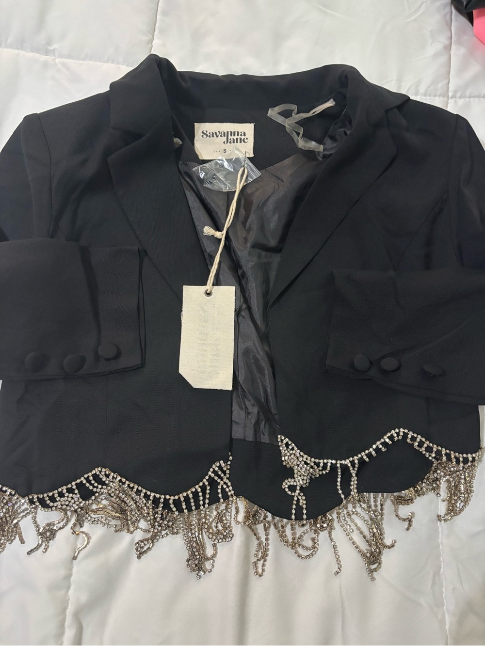 Savanna Jane Black Cropped Blazer with Beaded Fringe Hem